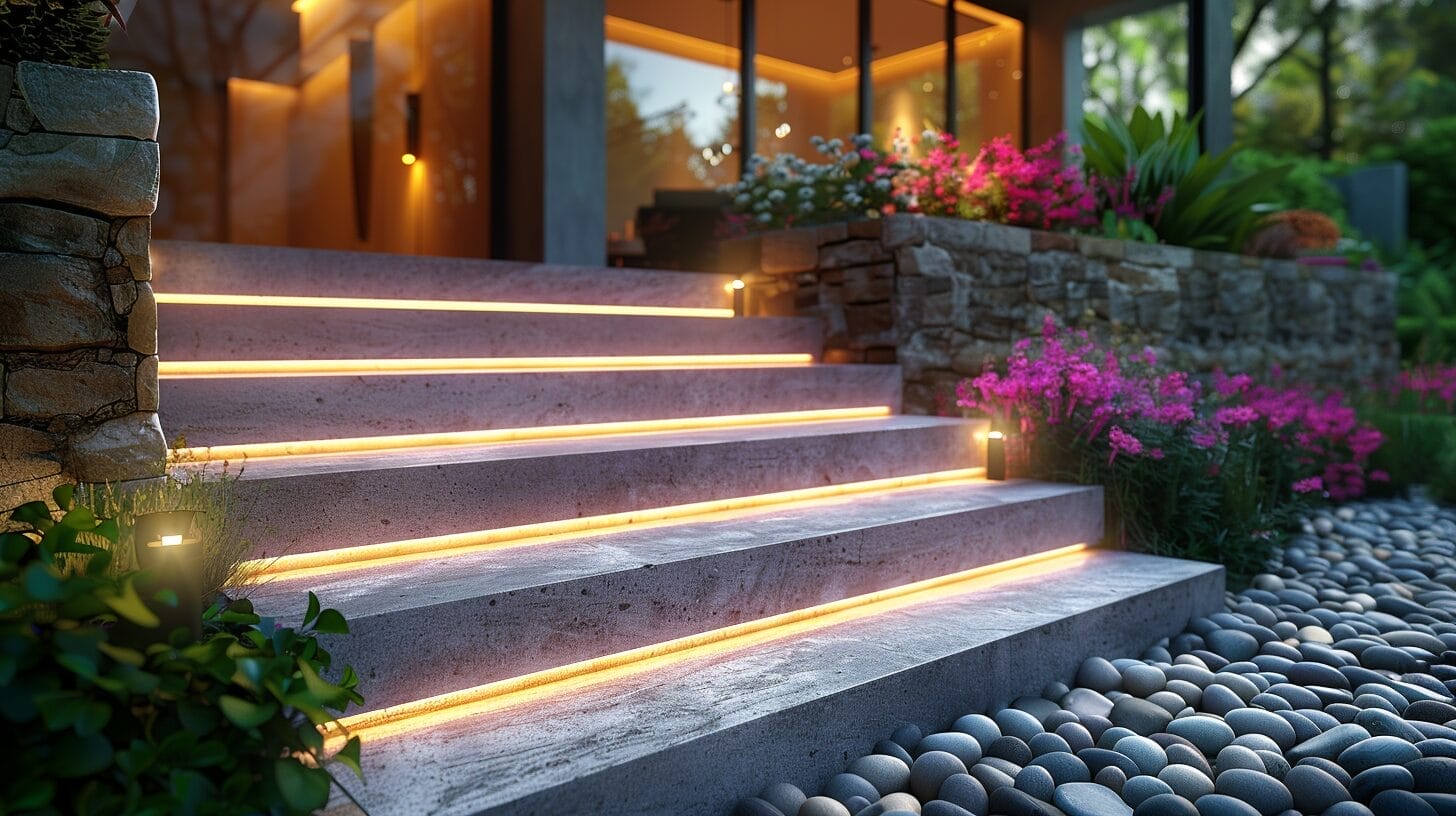 a set of outdoor stairs illuminated by a variety of lighting options s