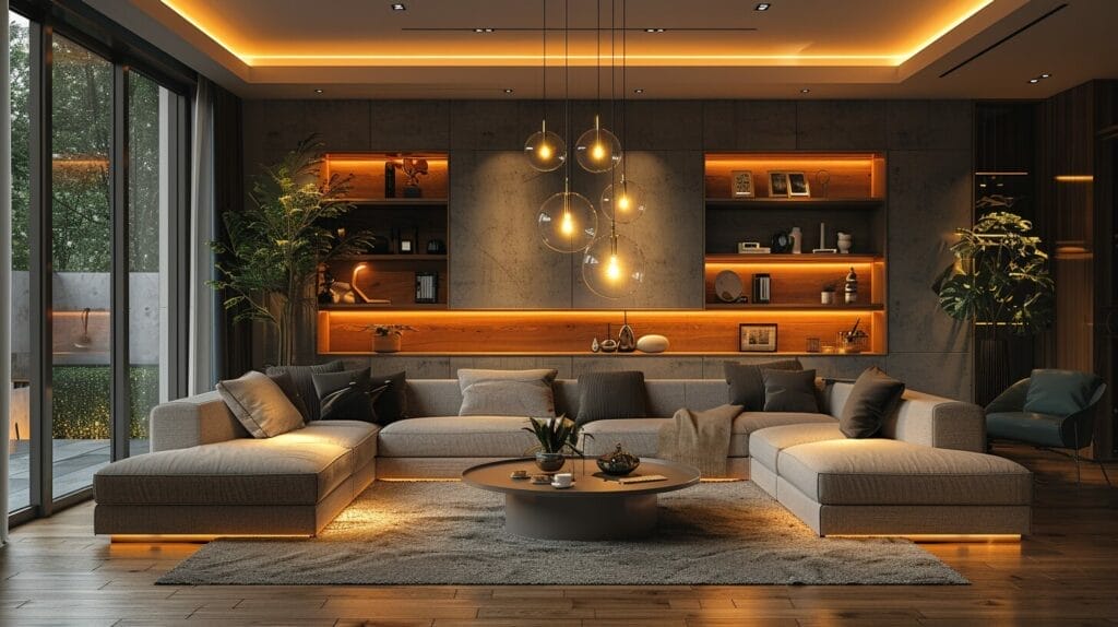 living room with modern LED chandelier over coffee table, casting a stylish warm glow.