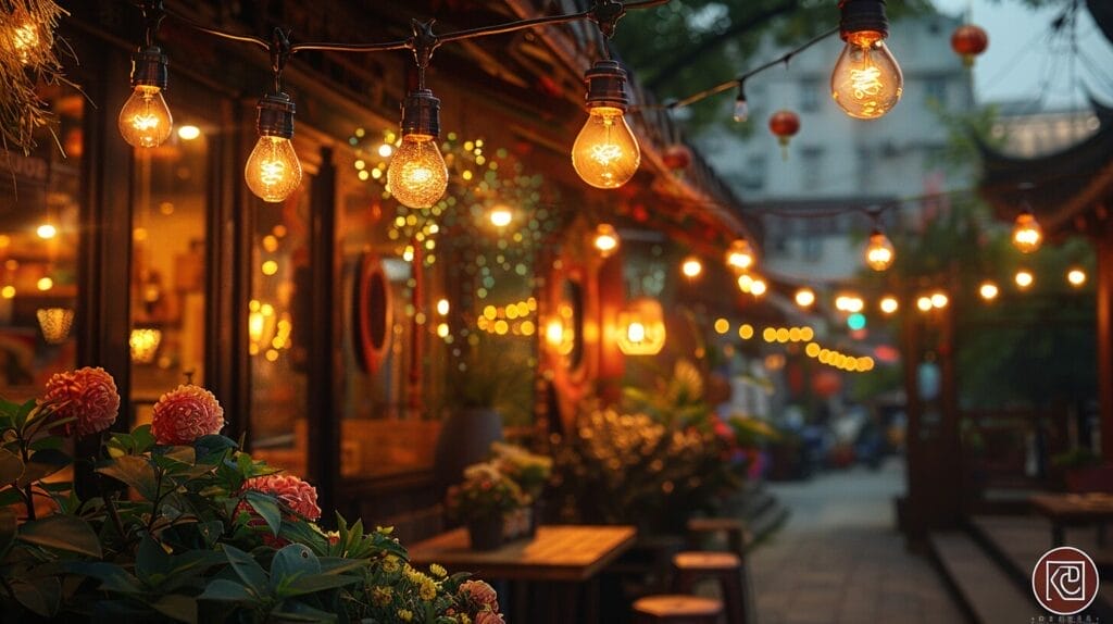 solar string lights in an outdoor dining setting
