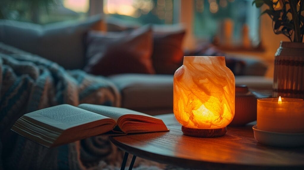 A bedside table with a warm LED lamp illuminating a book, with a cozy blanket draped nearby.