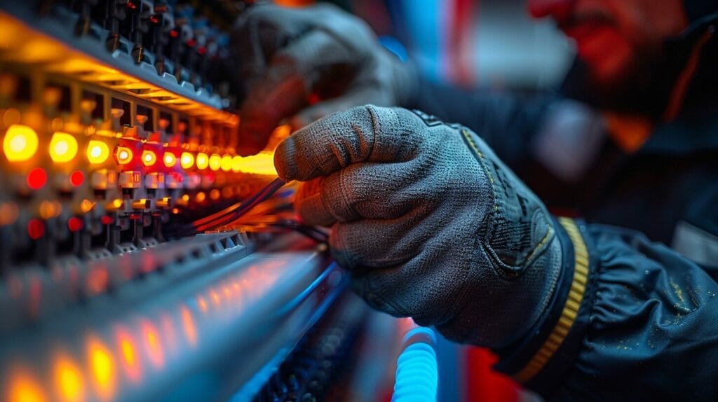 A close-up image of a person's hands carefully connecting the wires of a fluorescent light