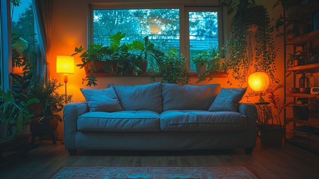 A cozy living room at night lit by a warm LED lamp, featuring sustainable decor like plants and recycled materials.
