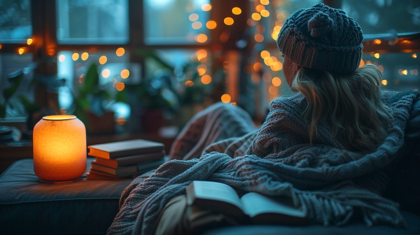 A cozy reading nook in a living room at dusk lit by a warm LED lamp, featuring a plush armchair, stack of books, and steaming tea.