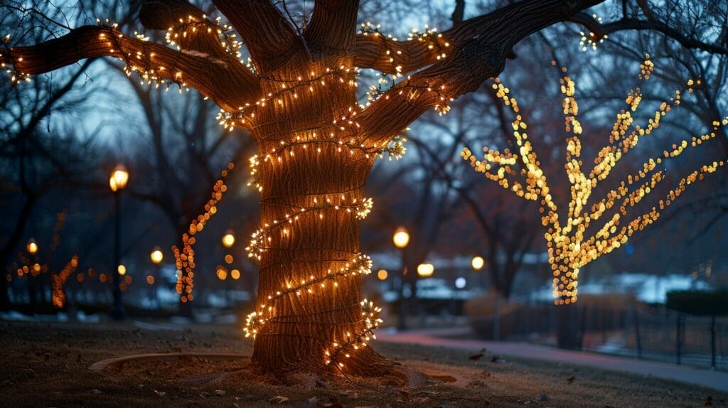 A dark outdoor tree brightly lit with Christmas lights, demonstrating various light hanging techniques.