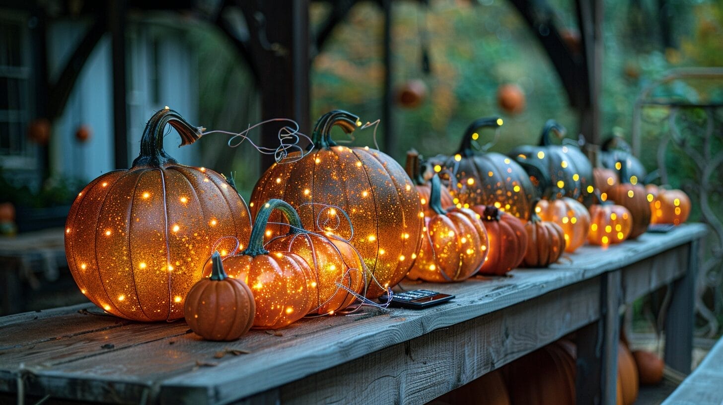 A festive Halloween scene with various sized pumpkins decorated with solar lights on a wooden table.