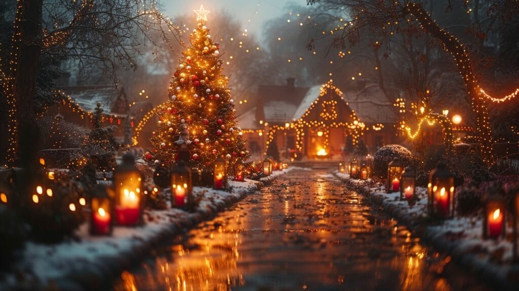 A festive outdoor scene featuring a decorated Christmas tree, a pathway lined with luminaries, and a fire pit.