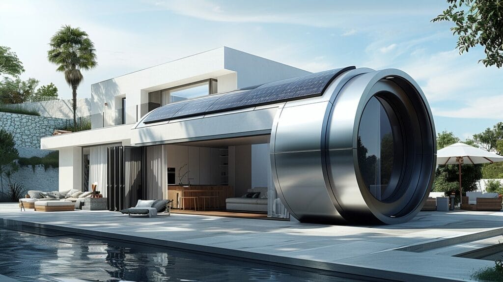 A modern home with sleek, black solar panel roofing tiles integrated into the roofline.
