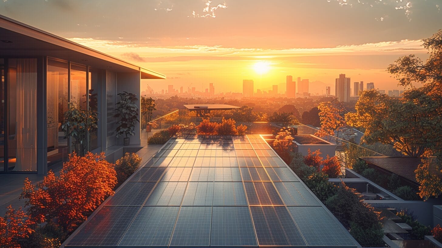 A modern rooftop with solar panels angled towards the sun, and a sleek storage battery system in the background.