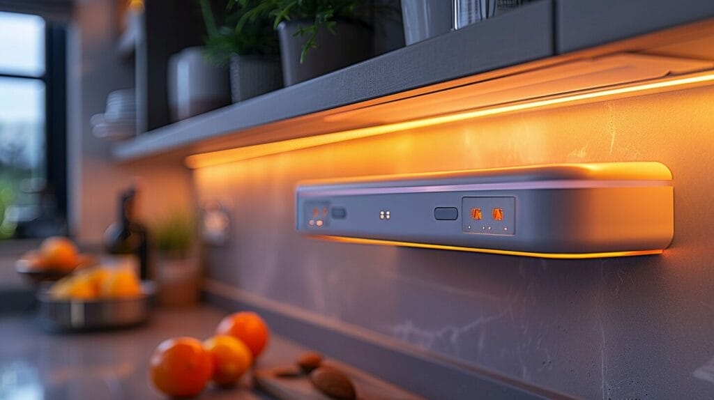 A person effortlessly installing an LED motion sensor cabinet light under a kitchen cabinet, connecting wires and adjusting the sensor.