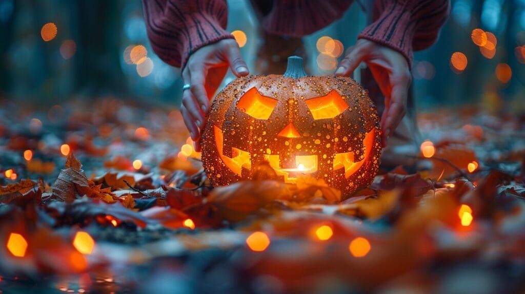 A person placing a glowing pumpkin solar light in a yard with autumn leaves.