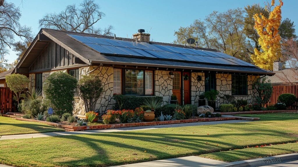 A picturesque image of a residential home with solar panels on the roof