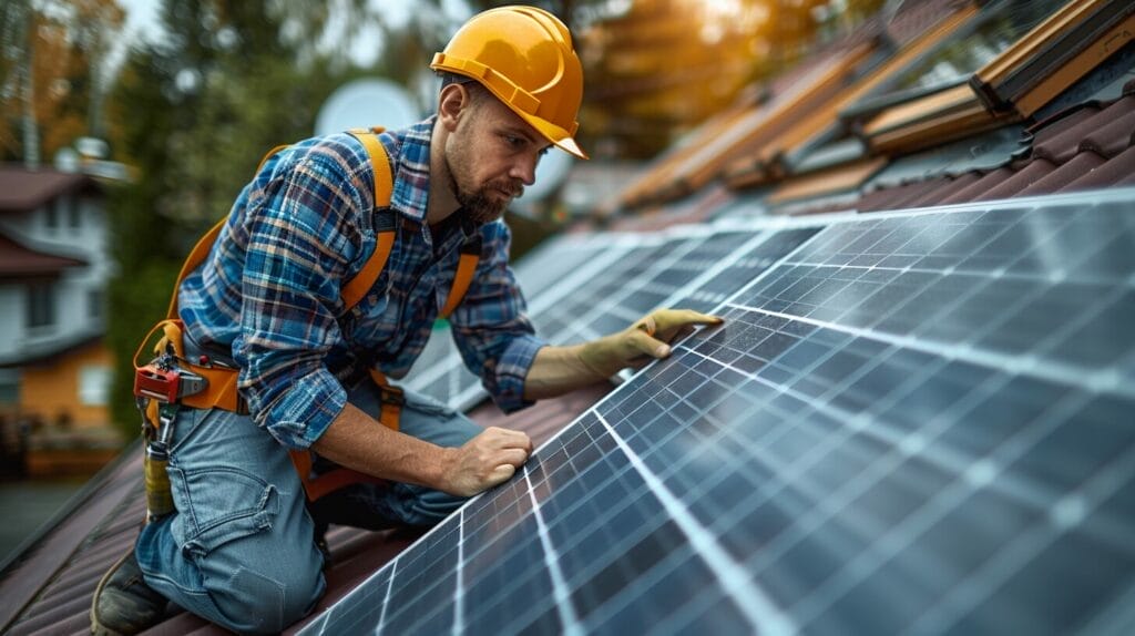 A precise and skilled solar installer positioning panels on a rooftop, with a government tax credit symbol.