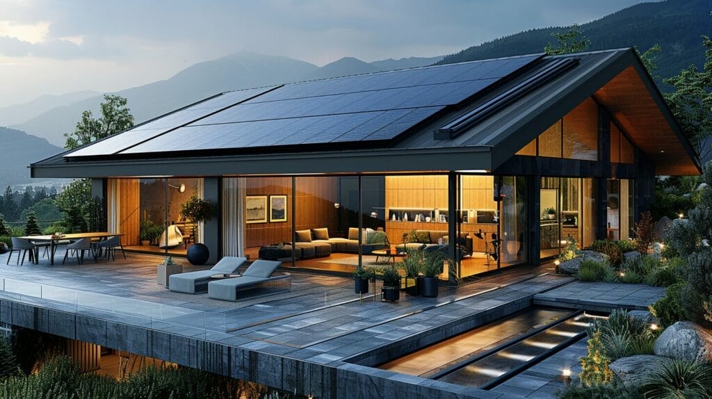 A residential home with a sleek roof covered in solar panel tiles under bright sunlight.
