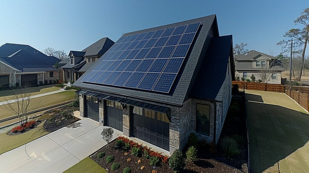 A residential rooftop in Houston with solar panels under the shining sun, highlighting applicable incentives and rebates.