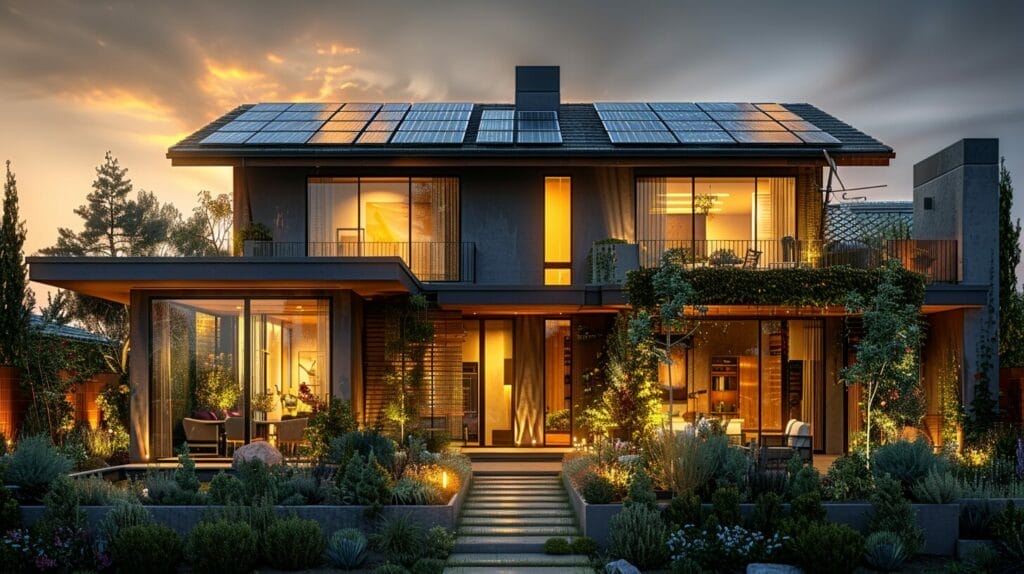 A residential rooftop with solar panels and a selection of different storage battery types like lithium-ion, lead-acid, and flow batteries.