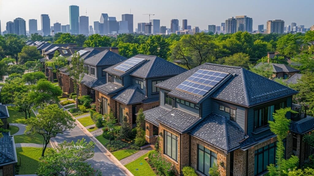 A row of Houston houses with solar-panelled rooftops, surrounded by green trees under a clear blue sky.