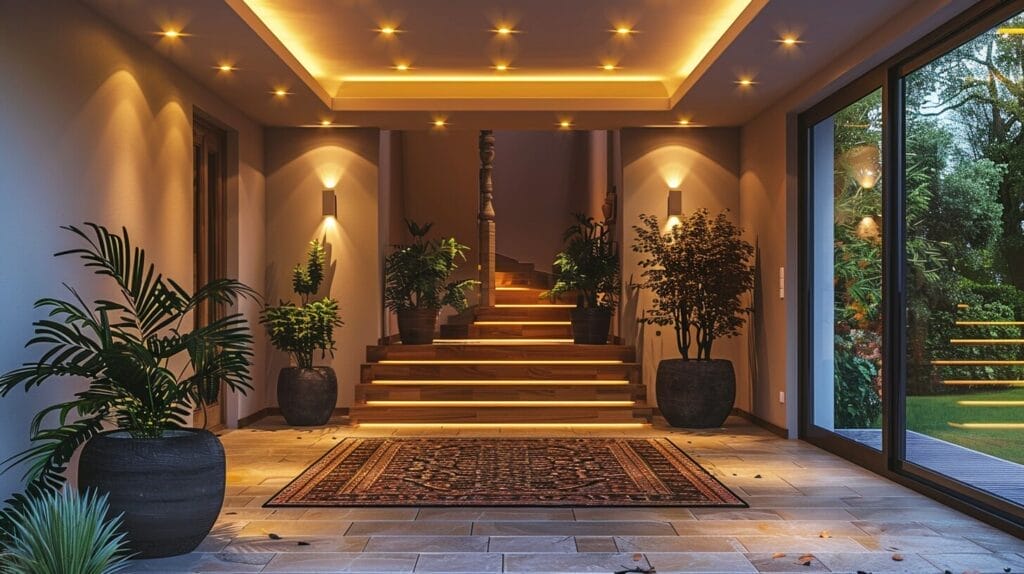 A small, low-ceiling foyer showcasing a range of lighting options including flush mount, semi-flush mount, and recessed fixtures.