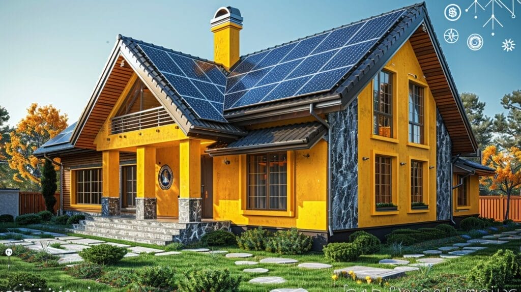 A sunny residential home with roof-top solar panels, dollar signs and a government seal.