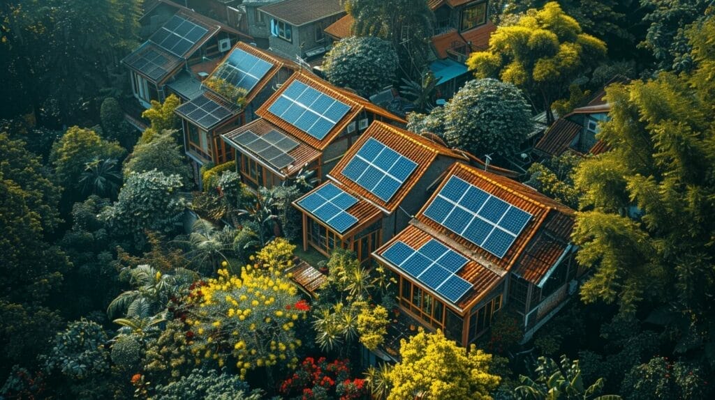 A sunny residential rooftop adorned with multiple solar panels amidst greenery under a clear blue sky.