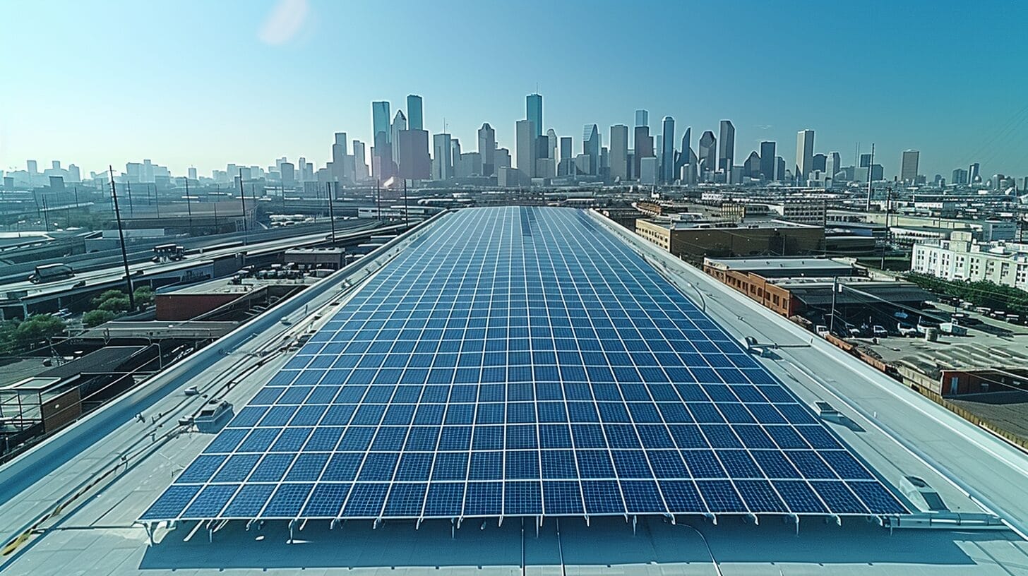 A sunny rooftop in Houston, adorned with solar panels, city skyline in backdrop with a company logo in corner.