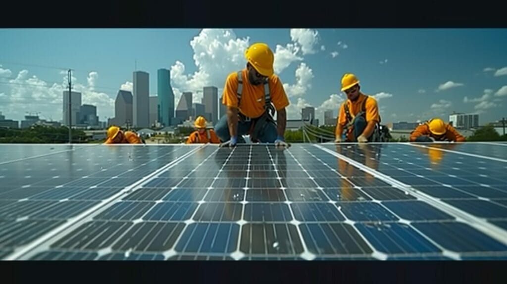 A team of installers securing solar panels on a Houston rooftop under the Texas sun, city skyline in the background.