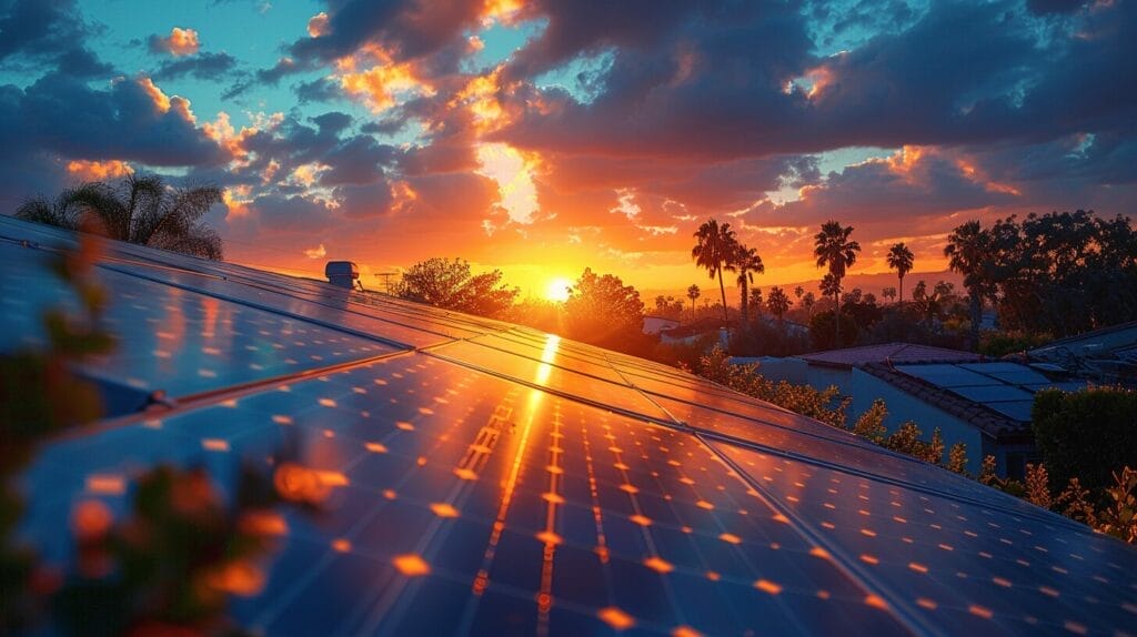 A team of professionals installing sleek, modern solar panels on a San Diego residential rooftop, under a bright sun with palm trees in the background.