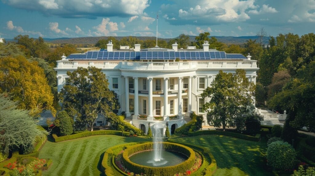 Aerial view of White House, solar panels, sunny skies.