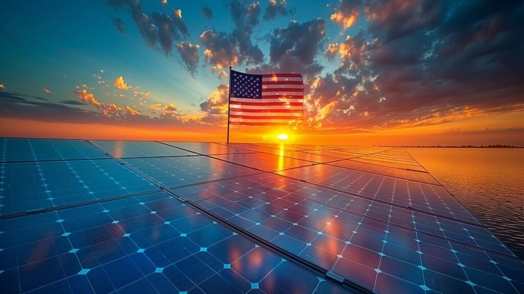 American flag with solar panel overlay, symbolizing US solar industry.