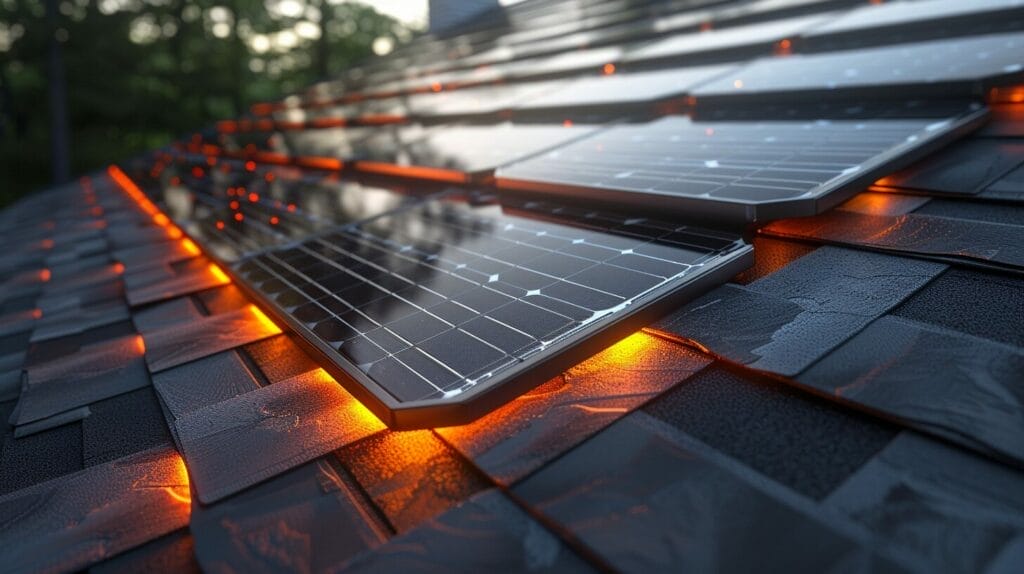 An image depicting the installation process for both photovoltaic shingles and traditional solar panels