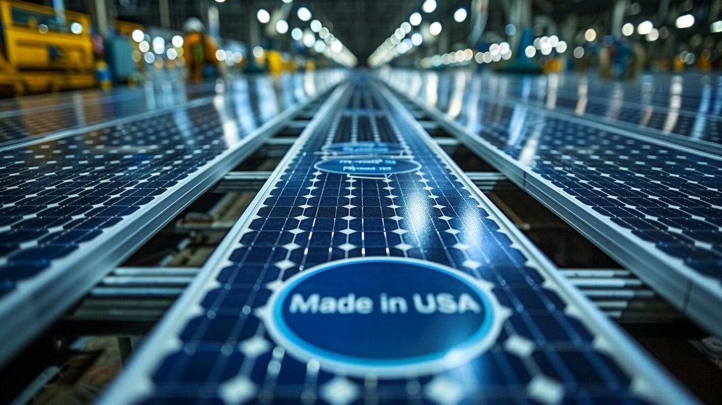 Array of diverse solar panels labeled Made in USA