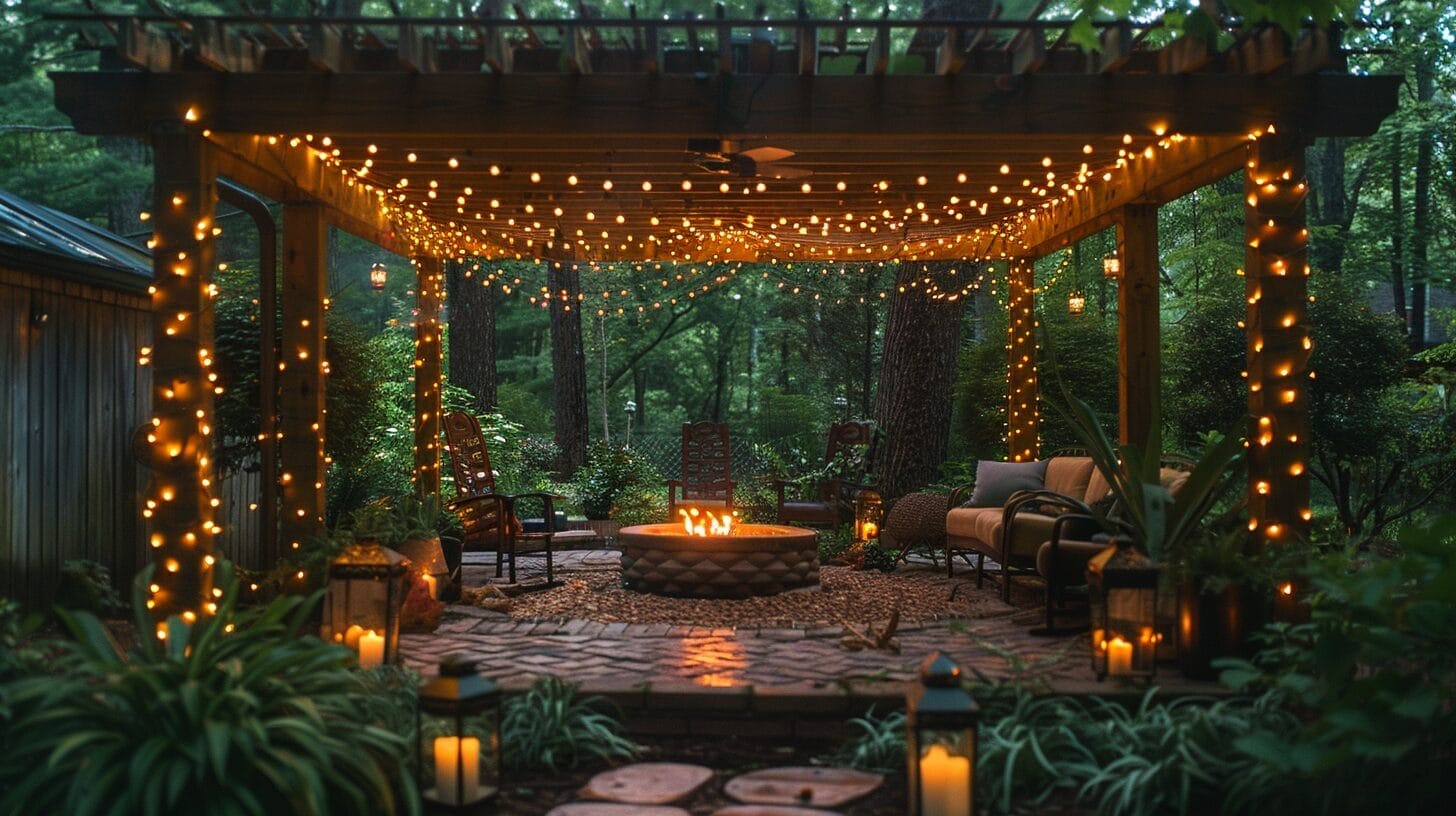 Backyard at dusk with string lights on pergola, scattered lanterns and a glowing fire pit.