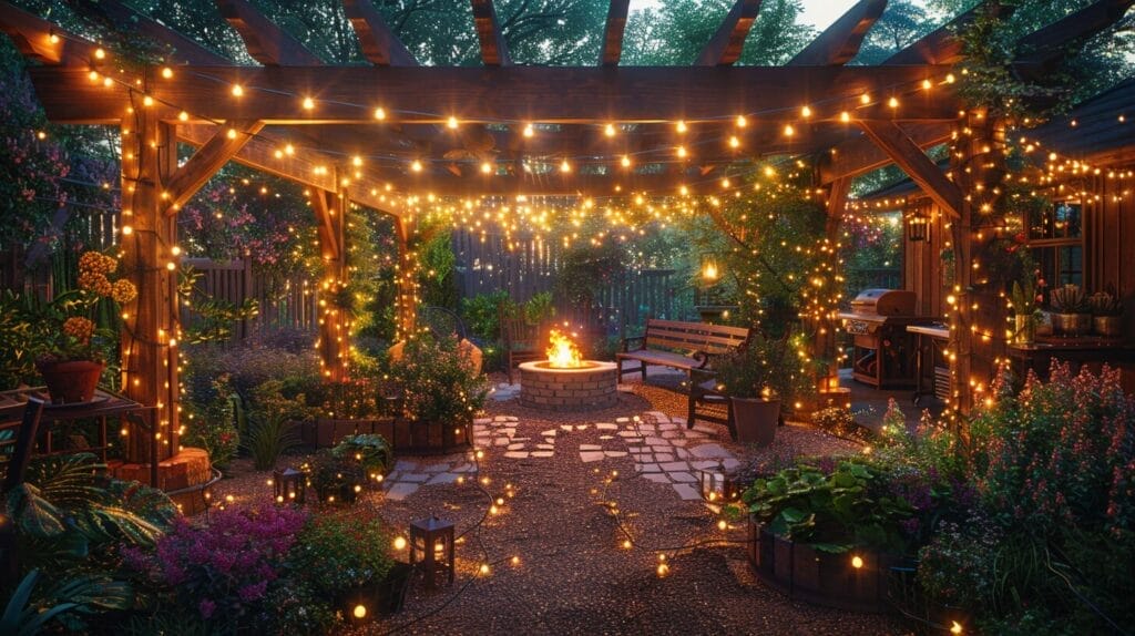 Backyard at night featuring string lights on pergola, garden pathway lights, and a central glowing fire pit.