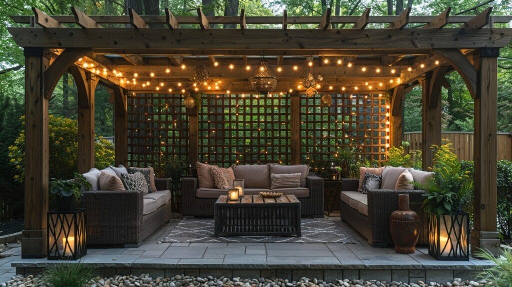 Backyard pergola adorned with string lights, lanterns and fairy lights, surrounded by lush greenery and seating.