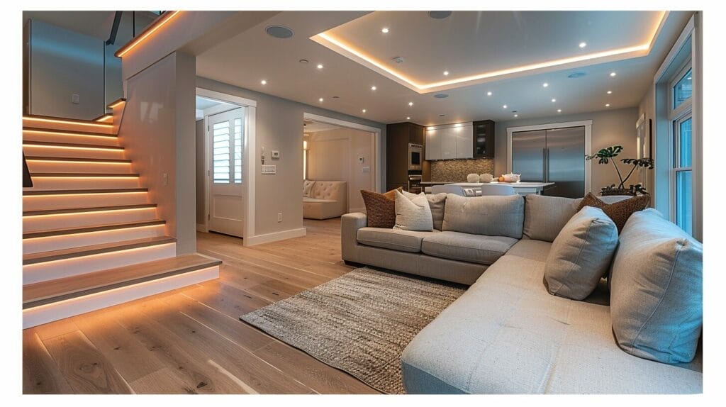 Basement illuminated by modern LED recessed lights.