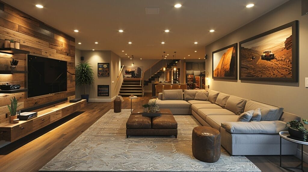 Basement with recessed, track, and pendant lighting for diverse areas.