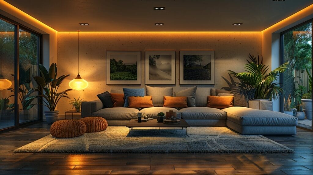 Basement with varied lighting fixtures and brightness levels.