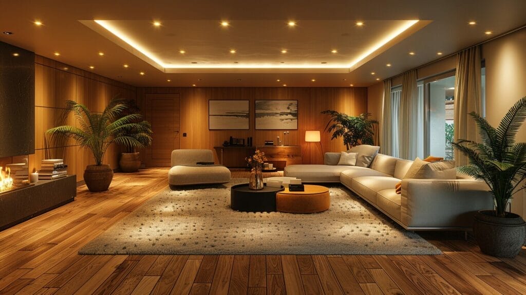Basement with warm recessed and mixed lighting over seating.