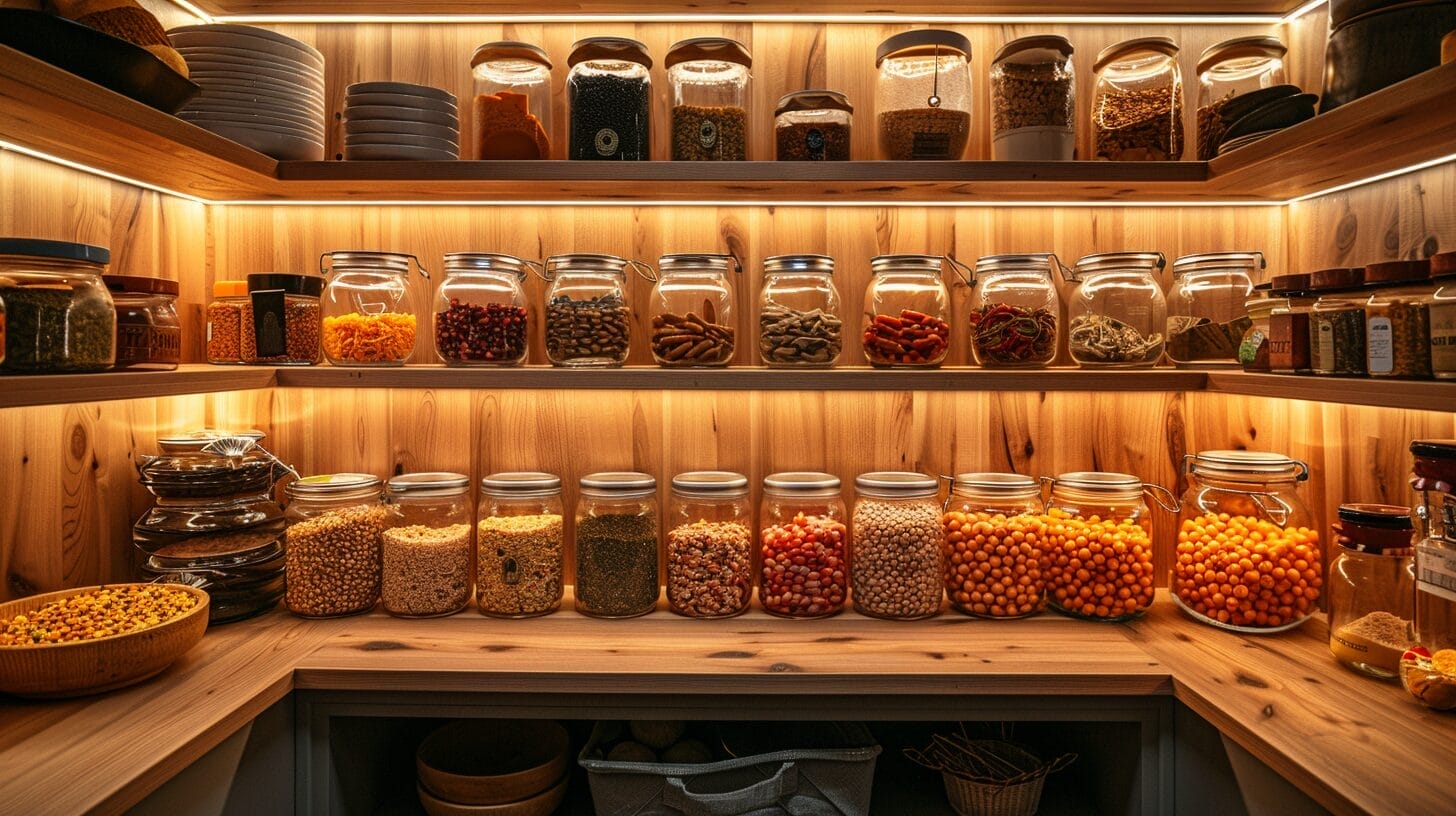 Brightly lit pantry with LED strip lights and organized clear containers.