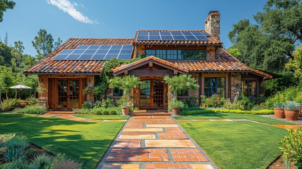 California home, solar panels by top providers, sun gleam, lush greenery, blue skies.