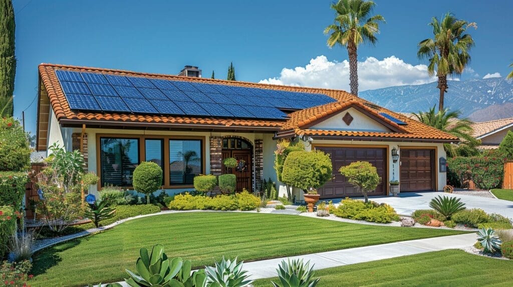 Solar Power California Cost featuring California home, solar panels, palm trees, sunny sky, cost savings graph.