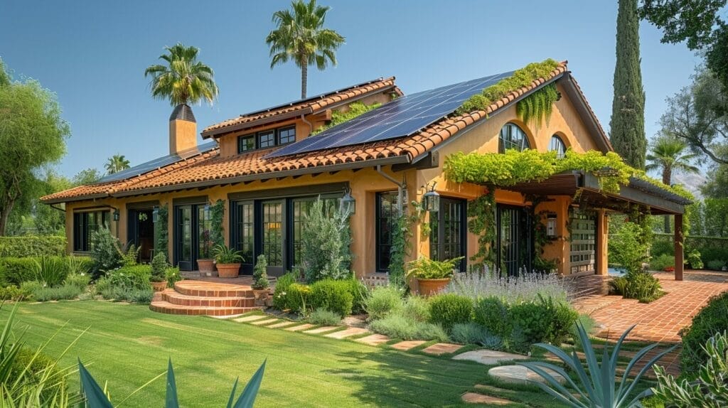 California home with rooftop solar panels, green trees, blue sky, cost chart.