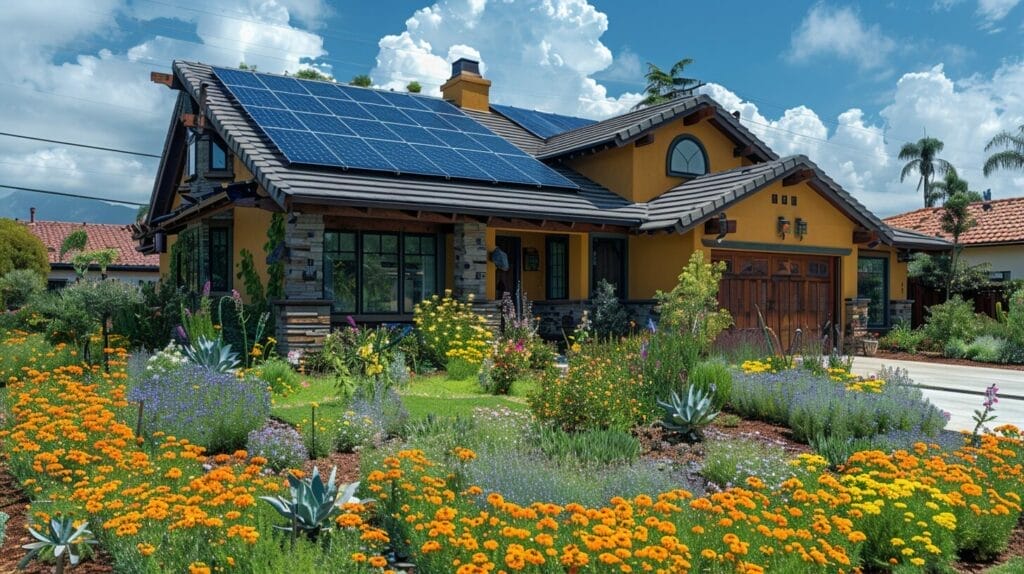Californian home, solar panels, sunny sky, savings graph.