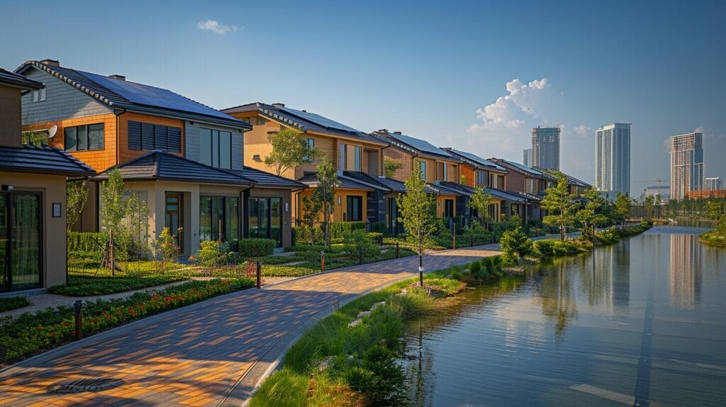 City skyline with solar-powered homes, showcasing community-wide adoption.