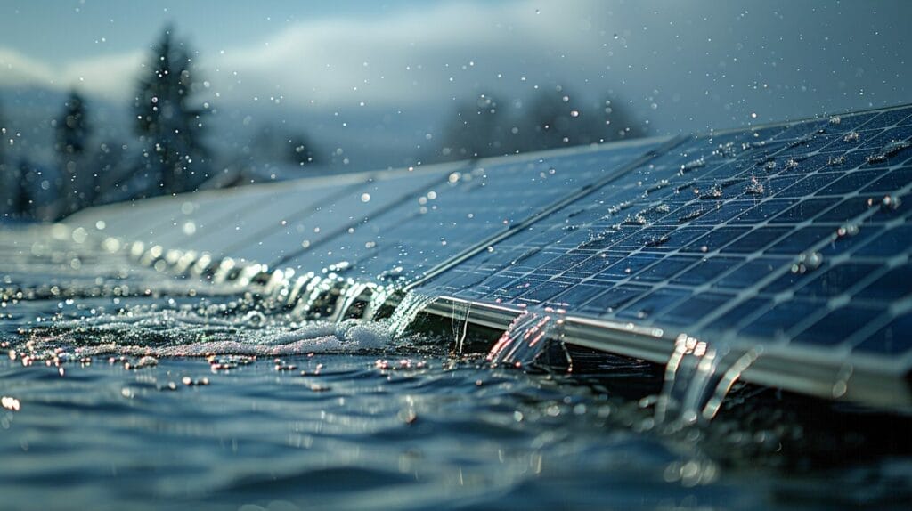 Close-up of solar panels with a protective layer, hailstones bouncing off, showing durability.
