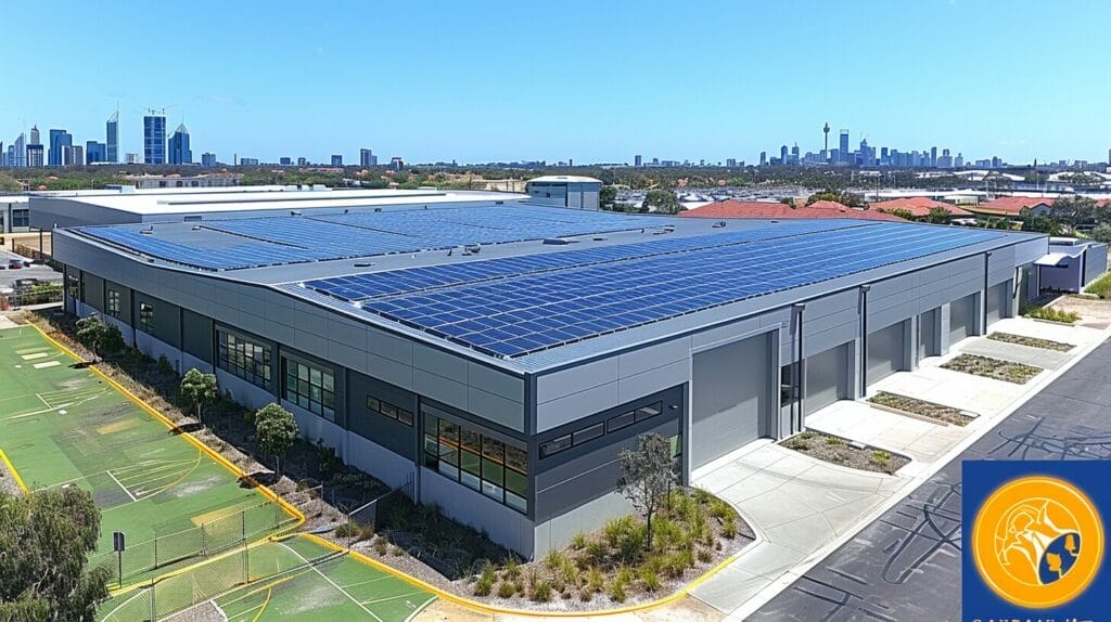 Commercial building in Perth with solar roof in sunlight.