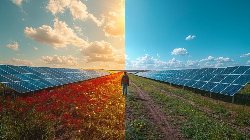 Comparison between a standard and an optimized solar panel module, highlighting increased energy conversion.