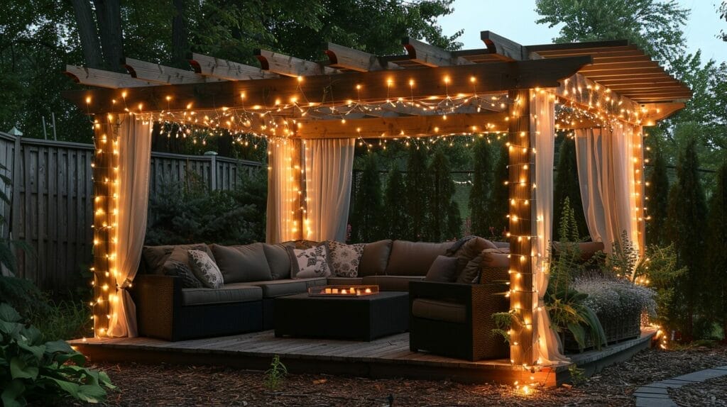 Cozy backyard patio with LED rope lights on pergola, warm glow on seating area.