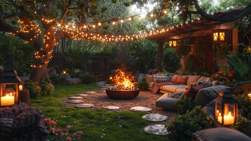 Cozy fire pit area in a backyard, embellished with overhead string lights and tree lanterns.