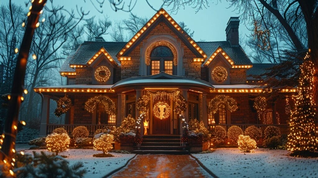 Cozy home with warm lights and a visible glowing Christmas tree