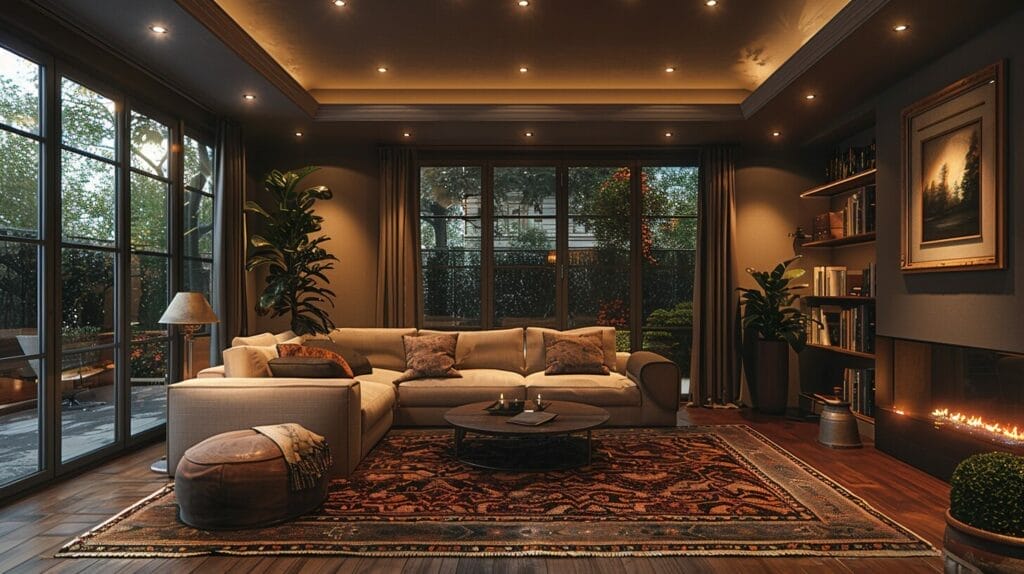 Cozy living room with low ceiling and mixed lighting options including recessed, flush mount, and wall sconces.
